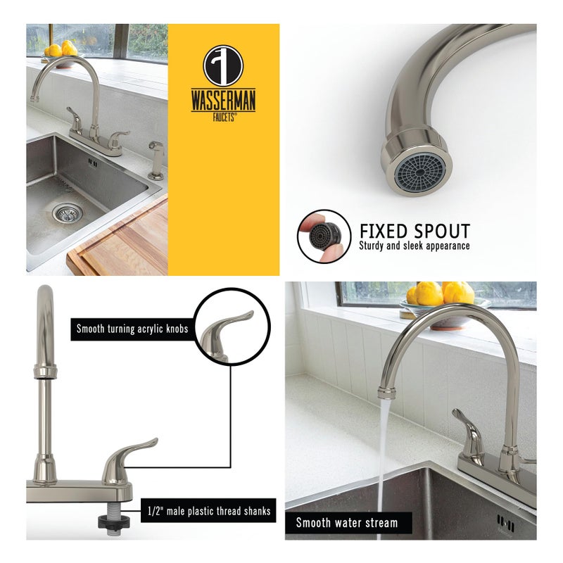 Wasserman Faucets Wasserman 23073124 - Mobile Home RV Kitchen Sink Faucet High Spout Dual Lever Handle with Side Spray, High Arc, Deck Mount, Brushed Nickel, 8 inch on Center, for Campers, Motorhomes, Travel - Image 2